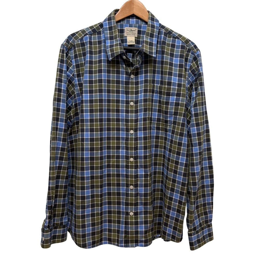 LL Bean Mens Large Slightly Fitted Plaid Button Down Shirt Blue Green 513829